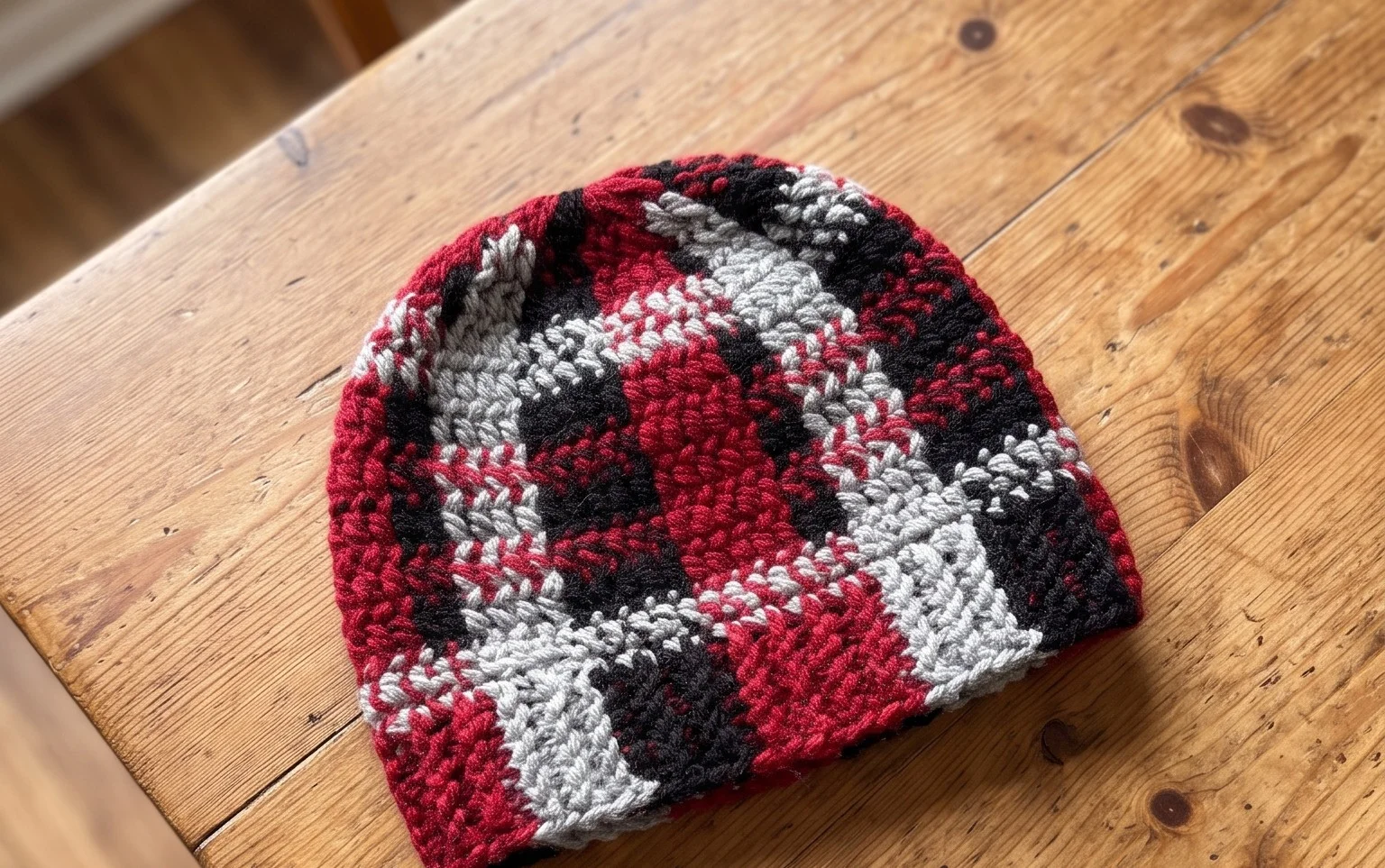 Chunky Plaid Bun Beanie: Free Beginner Crochet Pattern